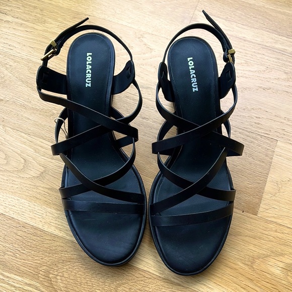 NWT Lola Cruz Wedge Sandals. Authentic! Black leather. Size 10. W/Box & Dust bag - Picture 2 of 8